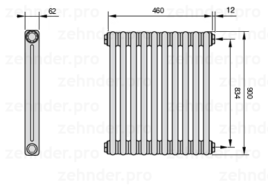 Схема (чертеж) Радиатор Zehnder Charleston 2090/10 №7610 Белый глянцевый RAL 9016